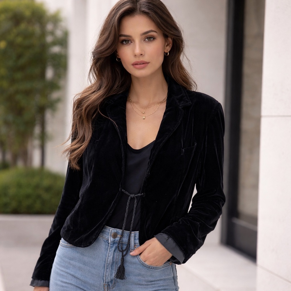 The Limited‎ Black Velvet Women's Blazer Silk Ruffle lining Black beaded Tassel